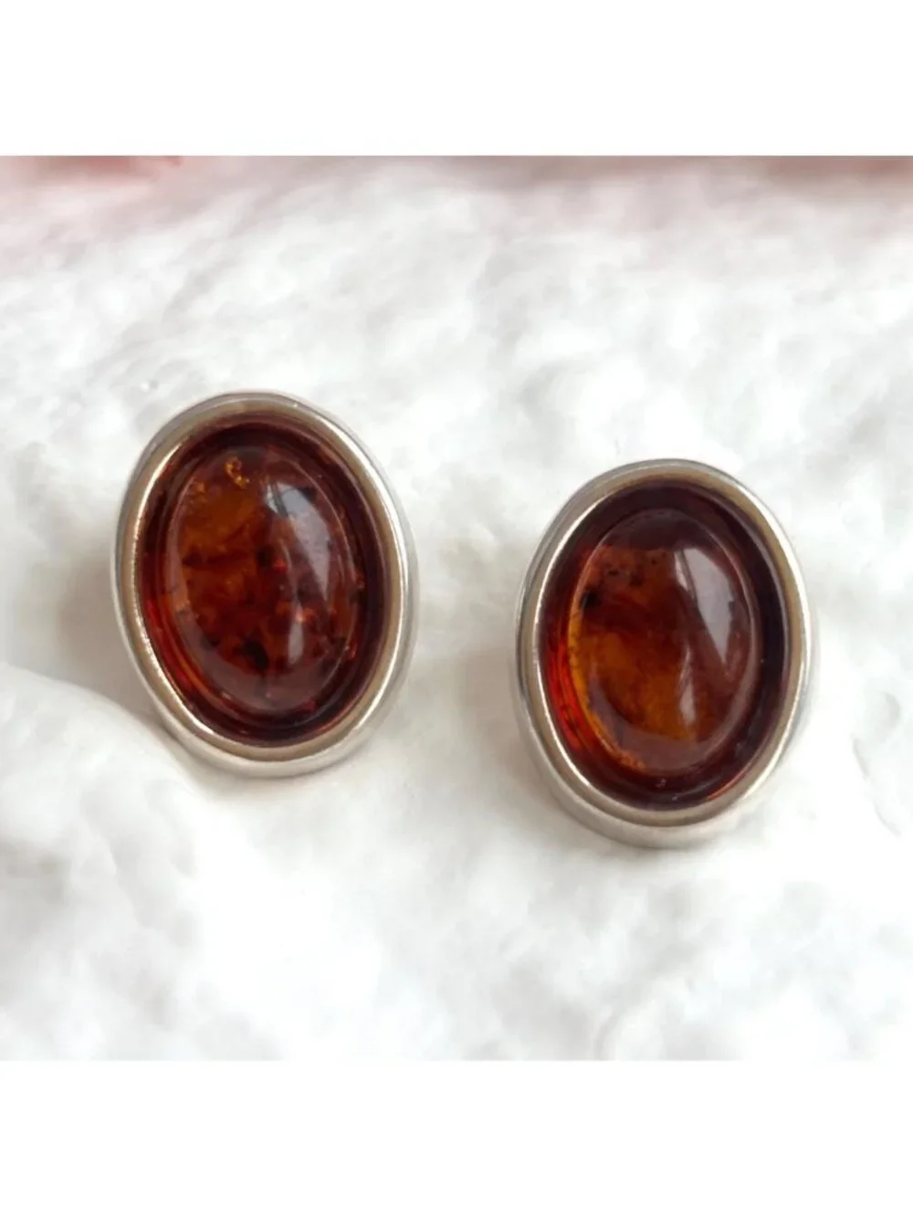 Natural Baltic Amber Gemstone Vintage Sterling Silver 925 Stud Clip On Earrings